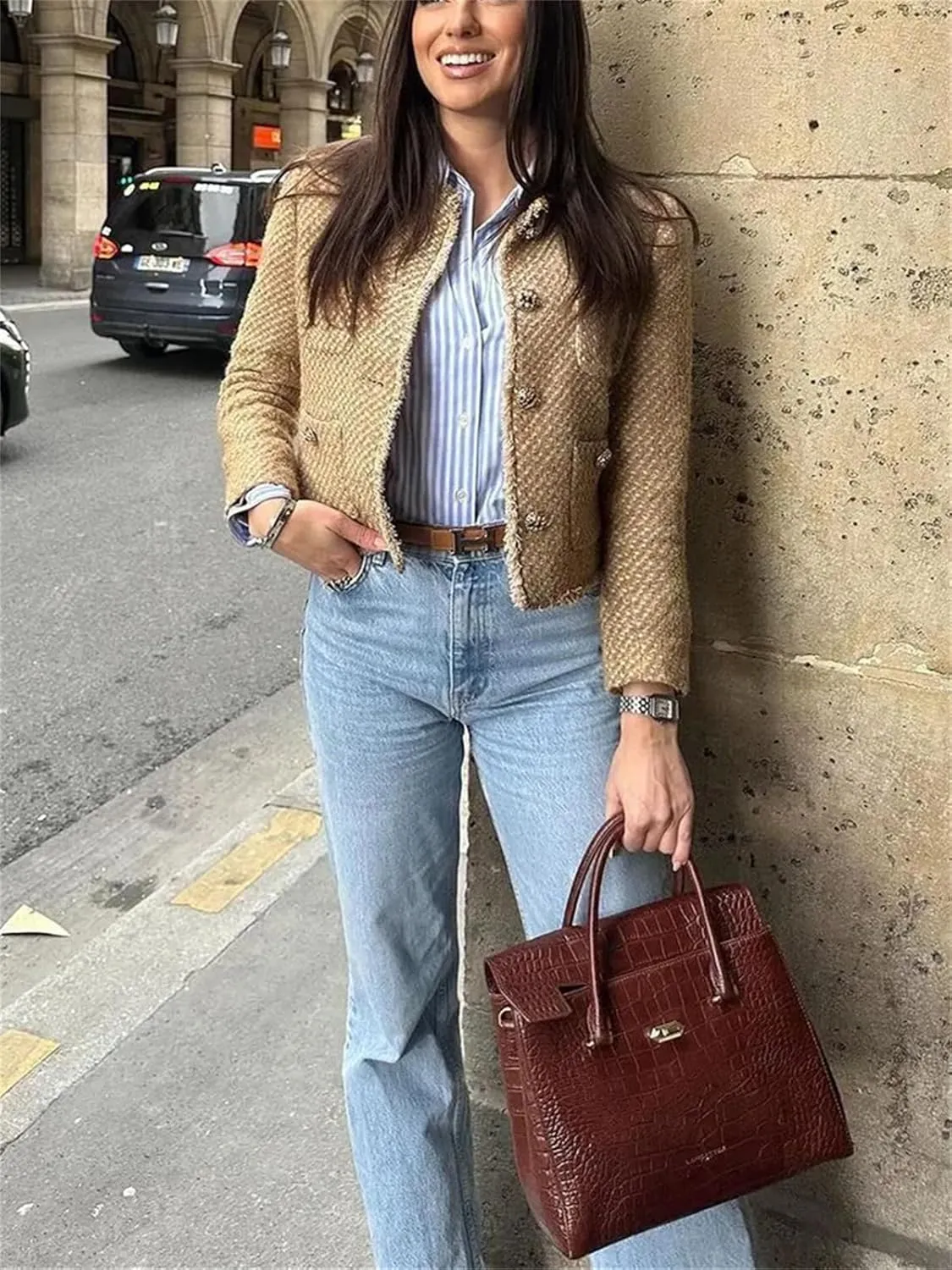 hathne Womens Tweed Blazers Jackets Casual Long Sleeve Button Down Cropped Jacket Coat Tops with Pocket