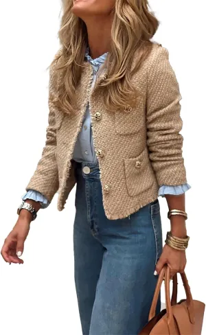 hathne Womens Tweed Blazers Jackets Casual Long Sleeve Button Down Cropped Jacket Coat Tops with Pocket
