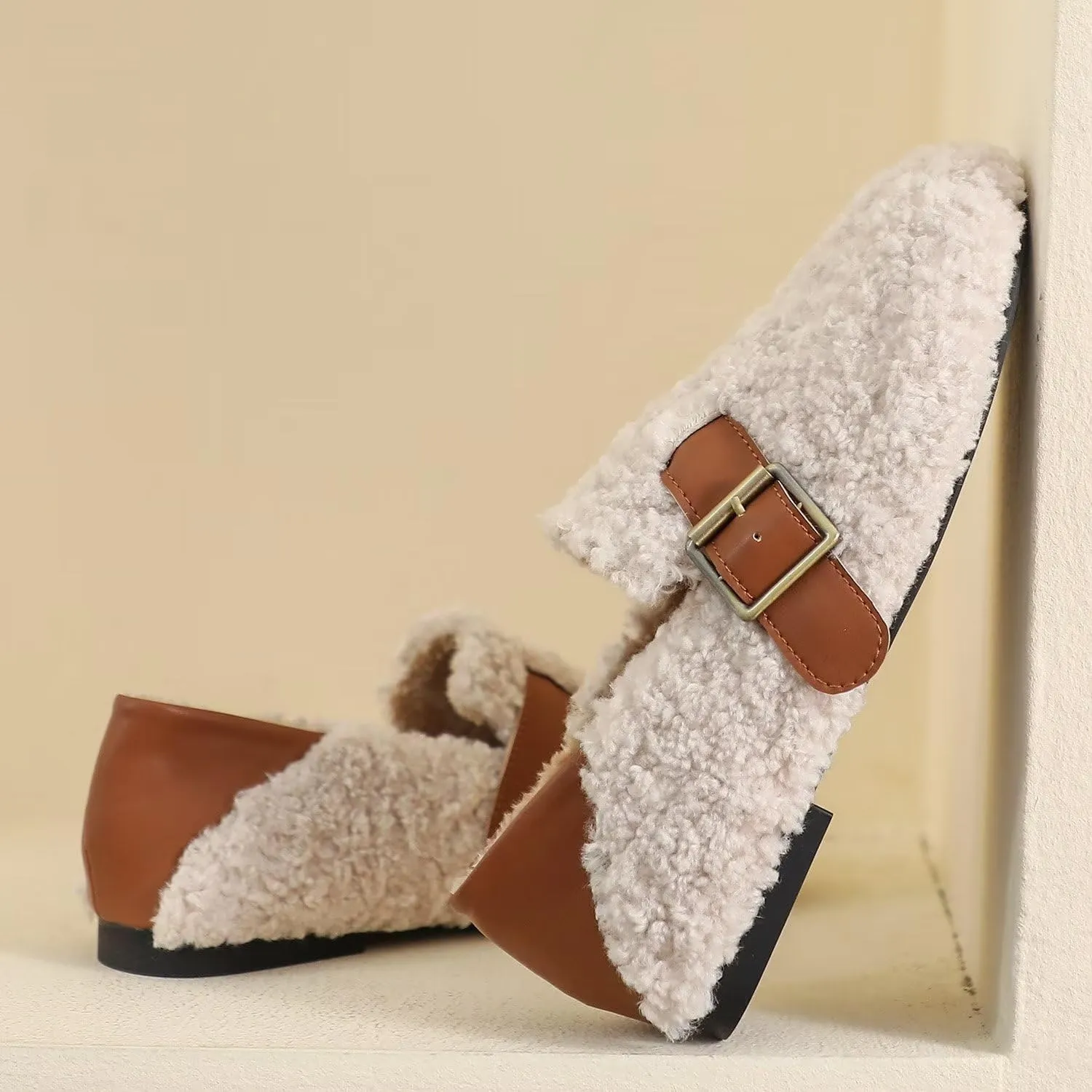 Hee grand Winter Faux Fleece Cozy Flats for Women Fur Lining Warm Fuzzy Soft Flats Anti-Slip Sole Indoor/Outdoor