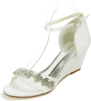 Heeled Wedge Sandals for Women,Buckle Open Toe High Heels Satin Dress Rhinestones Wedding Party Evening for Party Wedding