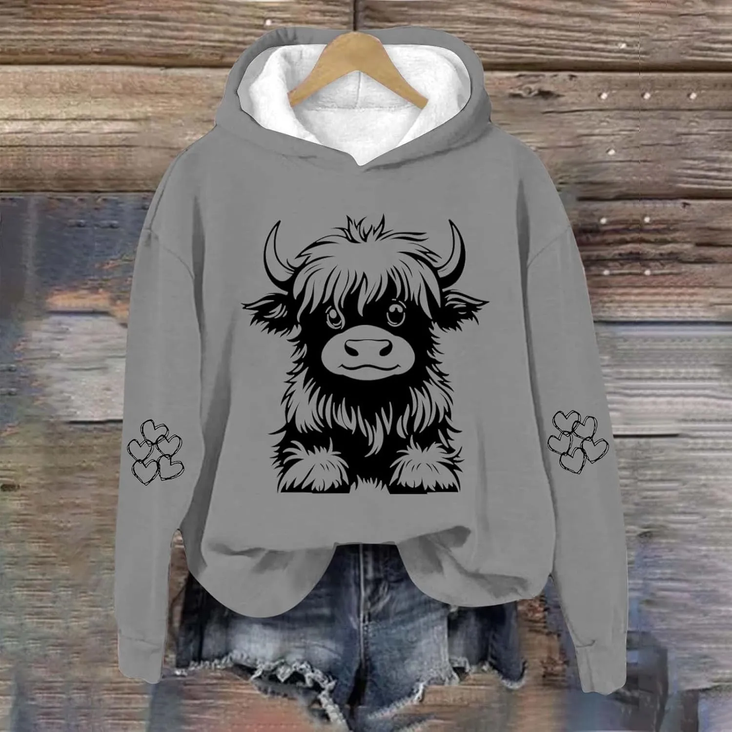 Highland Cow Hoodies for Women Cute Funny Graphic Sweatshirt Cowgirl Long Sleeve Plus Size Oversized Pullover Tops
