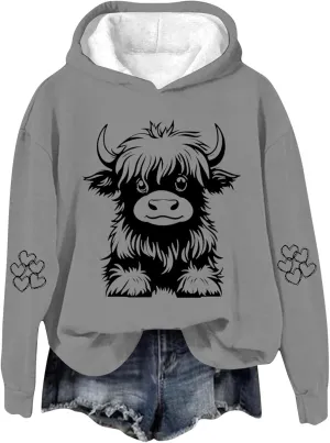 Highland Cow Hoodies for Women Cute Funny Graphic Sweatshirt Cowgirl Long Sleeve Plus Size Oversized Pullover Tops