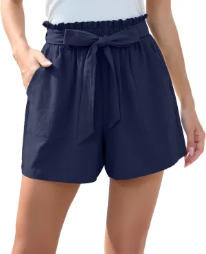 HIYIYEZI Women Casual Shorts Bowknot Tie Waist Summer Shorts with Pockets