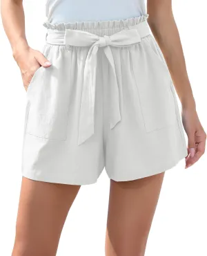 HIYIYEZI Women Casual Shorts Bowknot Tie Waist Summer Shorts with Pockets