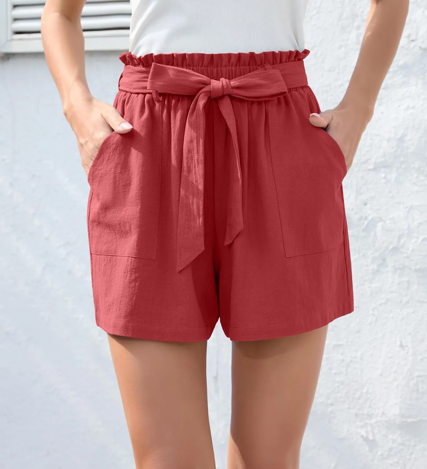 HIYIYEZI Women Casual Shorts Bowknot Tie Waist Summer Shorts with Pockets