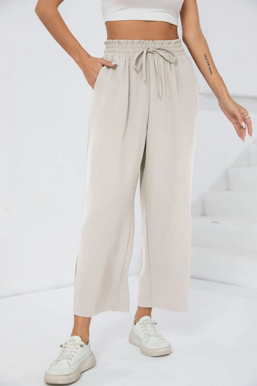 HIYIYEZI Womens Wide Leg Lounge Pants High Waisted Drawstring Casual Loose Palazzo Trousers with Pockets