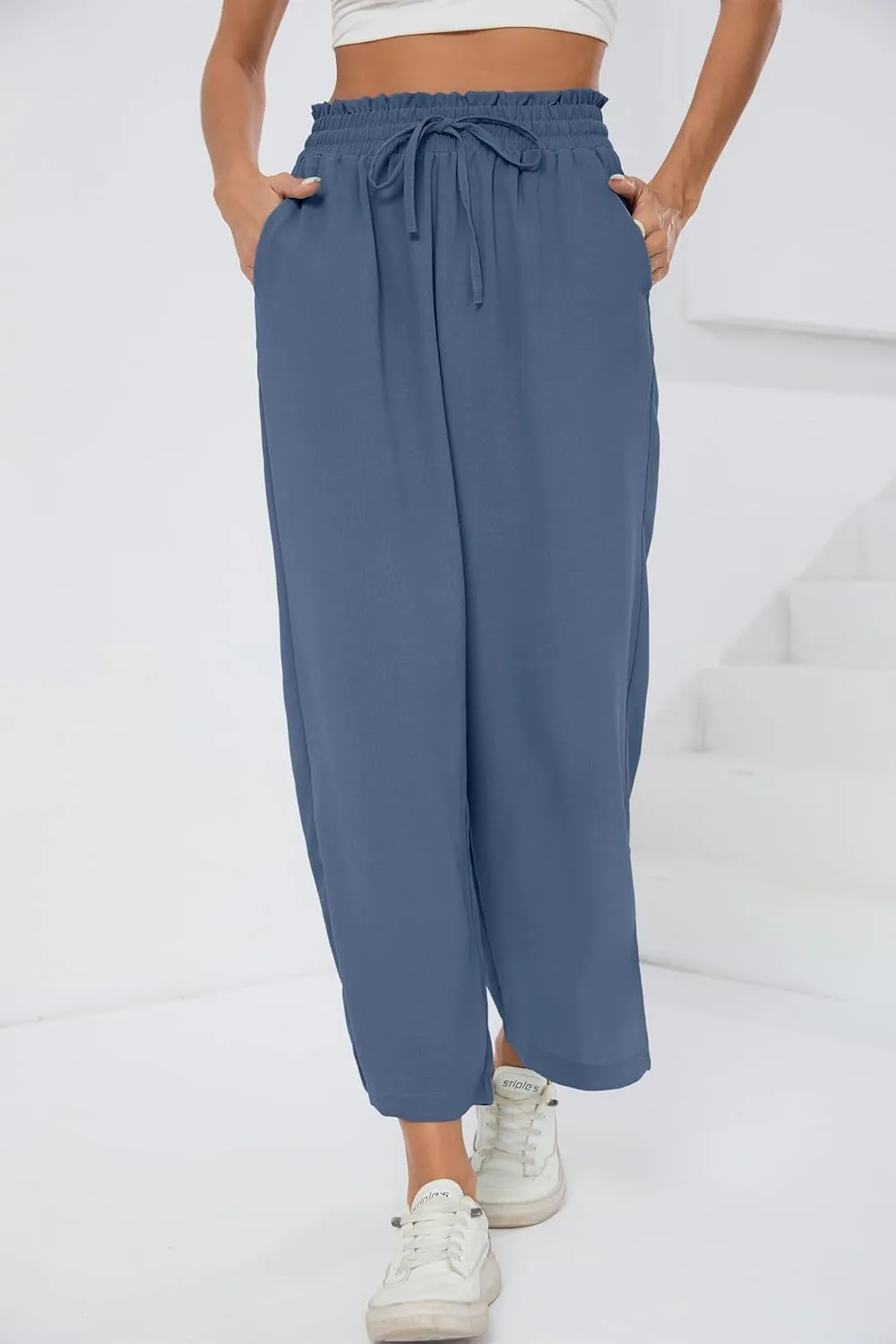 HIYIYEZI Womens Wide Leg Lounge Pants High Waisted Drawstring Casual Loose Palazzo Trousers with Pockets