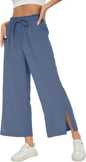 HIYIYEZI Womens Wide Leg Lounge Pants High Waisted Drawstring Casual Loose Palazzo Trousers with Pockets