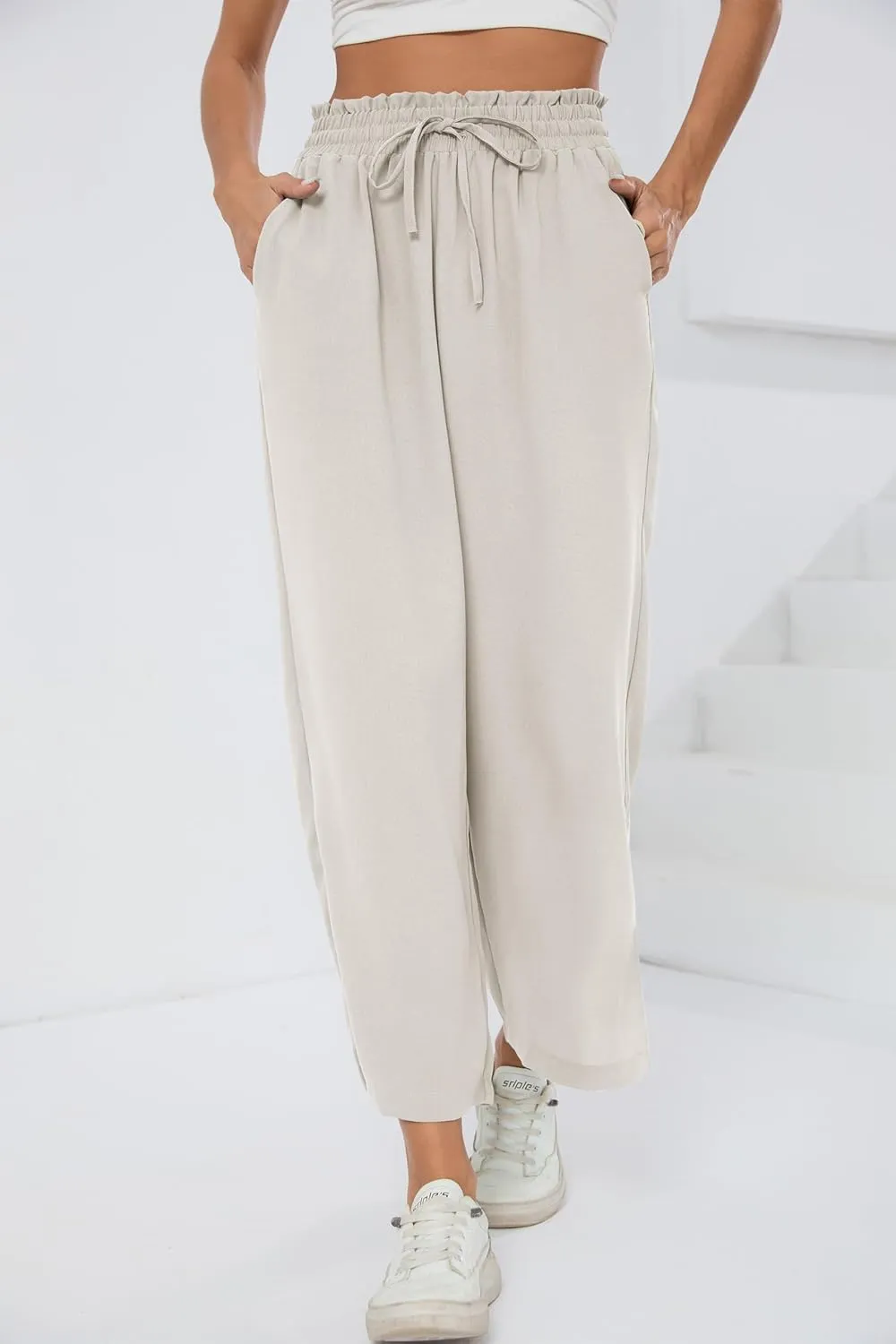 HIYIYEZI Womens Wide Leg Lounge Pants High Waisted Drawstring Casual Loose Palazzo Trousers with Pockets
