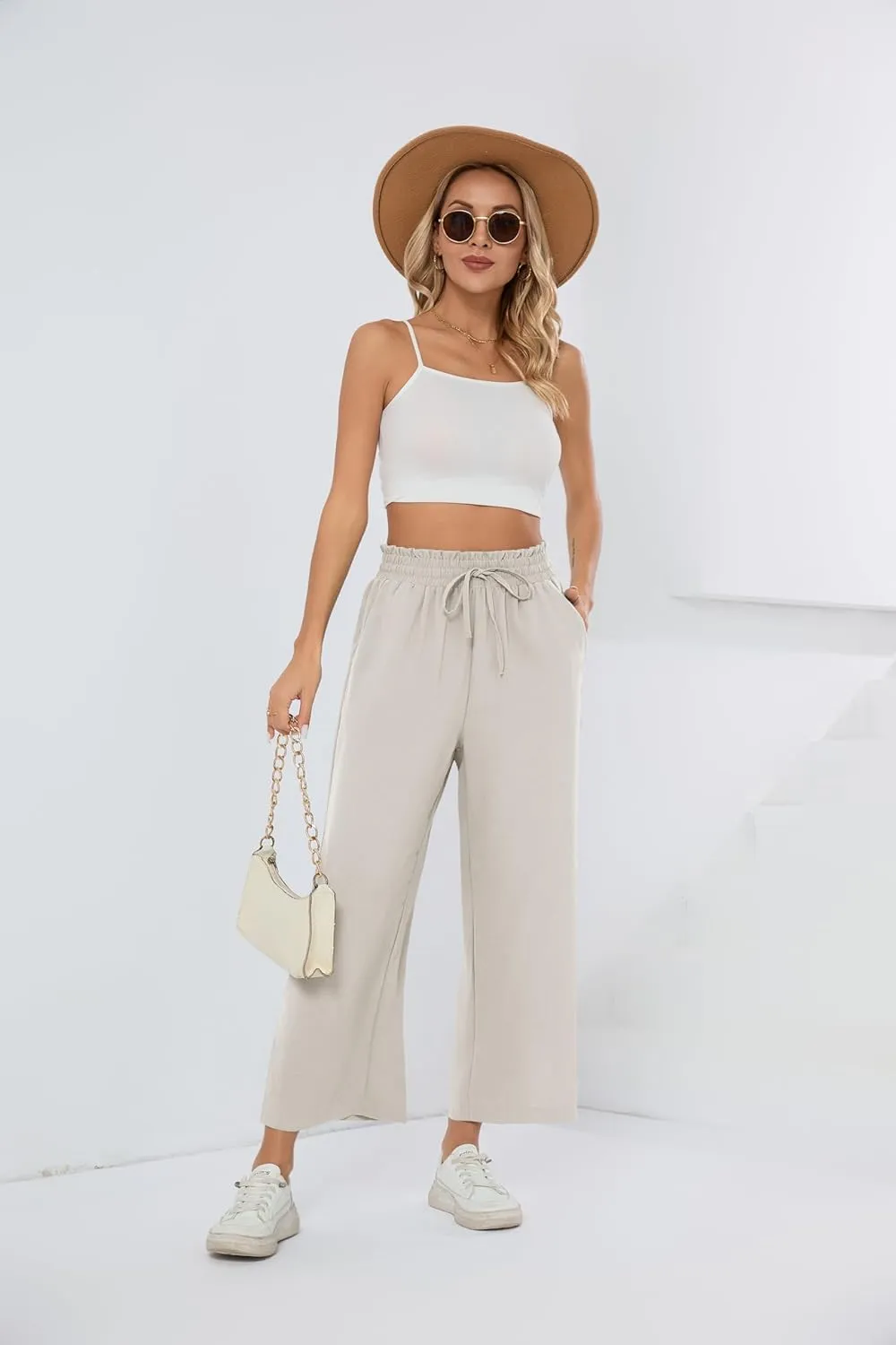 HIYIYEZI Womens Wide Leg Lounge Pants High Waisted Drawstring Casual Loose Palazzo Trousers with Pockets
