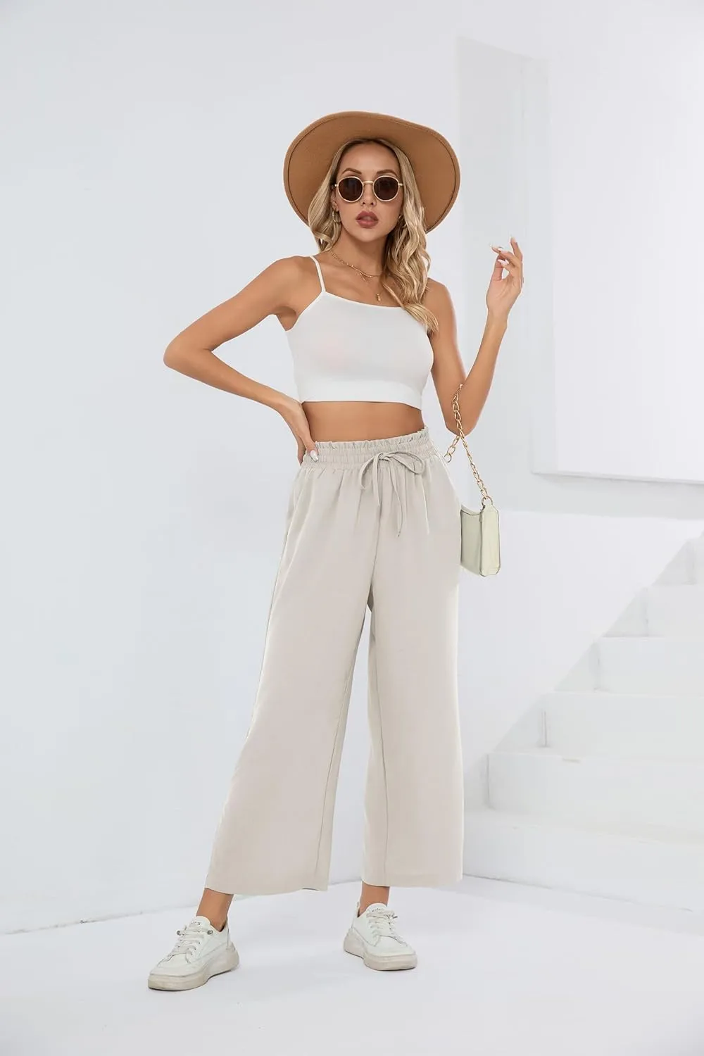 HIYIYEZI Womens Wide Leg Lounge Pants High Waisted Drawstring Casual Loose Palazzo Trousers with Pockets