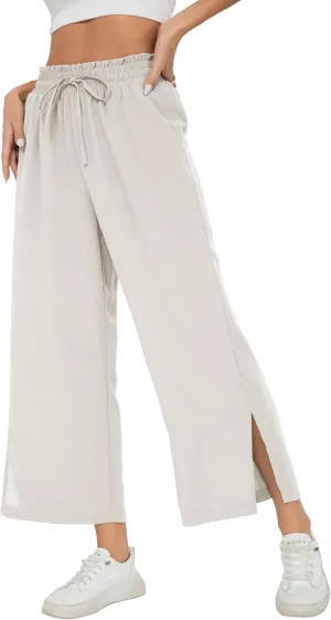 HIYIYEZI Womens Wide Leg Lounge Pants High Waisted Drawstring Casual Loose Palazzo Trousers with Pockets