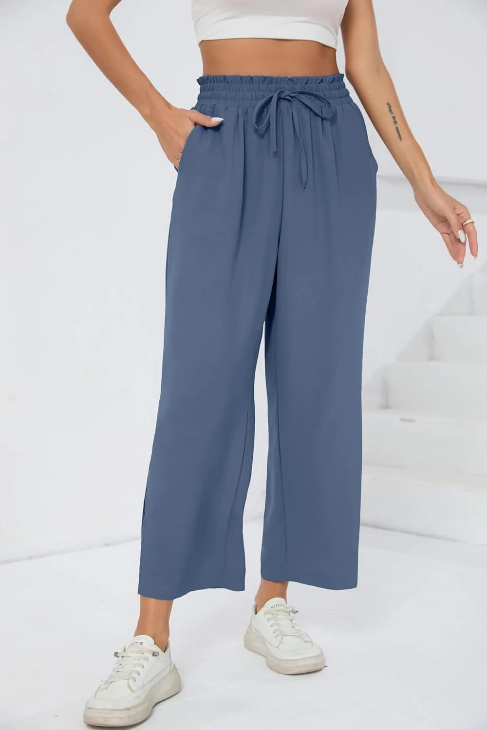 HIYIYEZI Womens Wide Leg Lounge Pants High Waisted Drawstring Casual Loose Palazzo Trousers with Pockets
