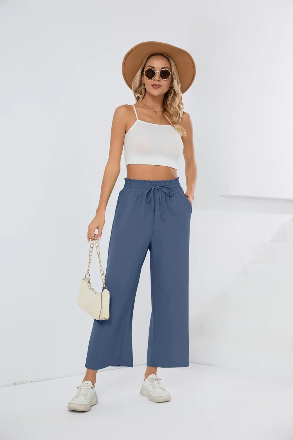 HIYIYEZI Womens Wide Leg Lounge Pants High Waisted Drawstring Casual Loose Palazzo Trousers with Pockets
