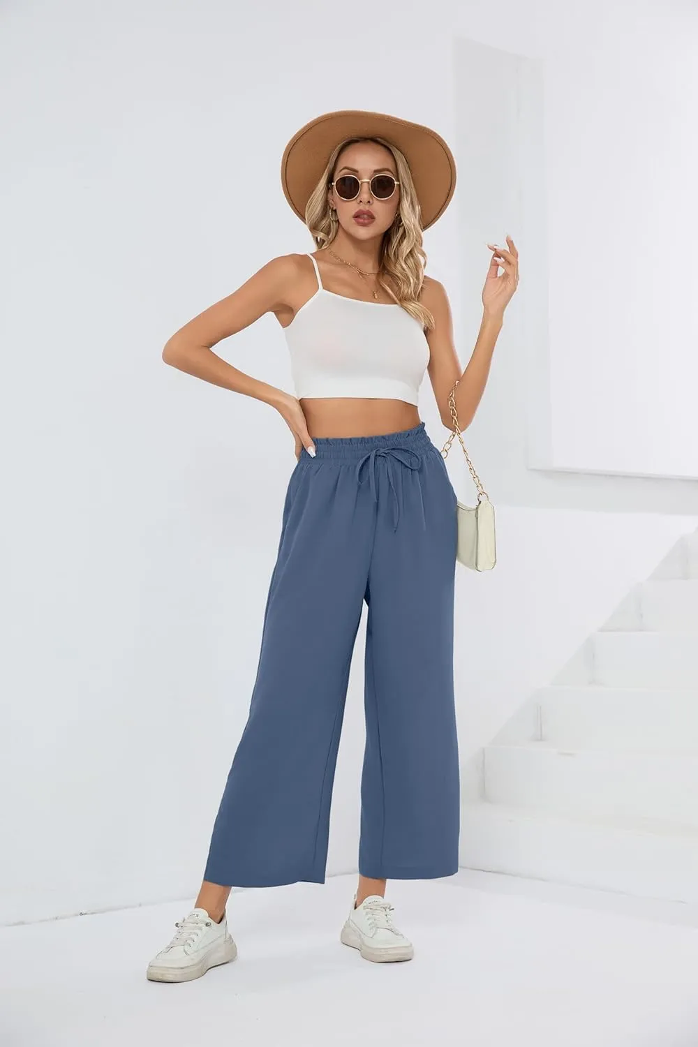 HIYIYEZI Womens Wide Leg Lounge Pants High Waisted Drawstring Casual Loose Palazzo Trousers with Pockets