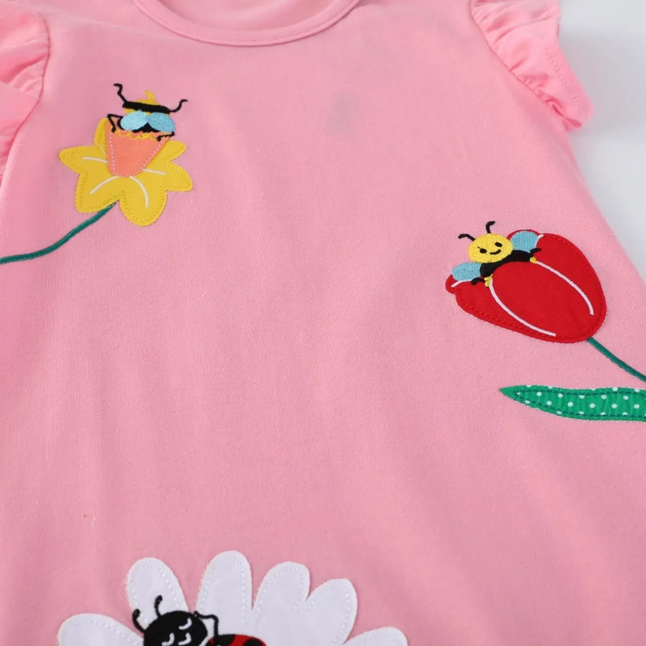 Hongshilian Toddler Girls Casual Cotton Dress Cartoon Appliques Short Sleeve Summer Playwear Dresses