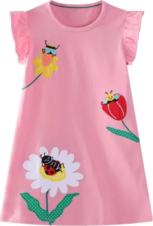 Hongshilian Toddler Girls Casual Cotton Dress Cartoon Appliques Short Sleeve Summer Playwear Dresses