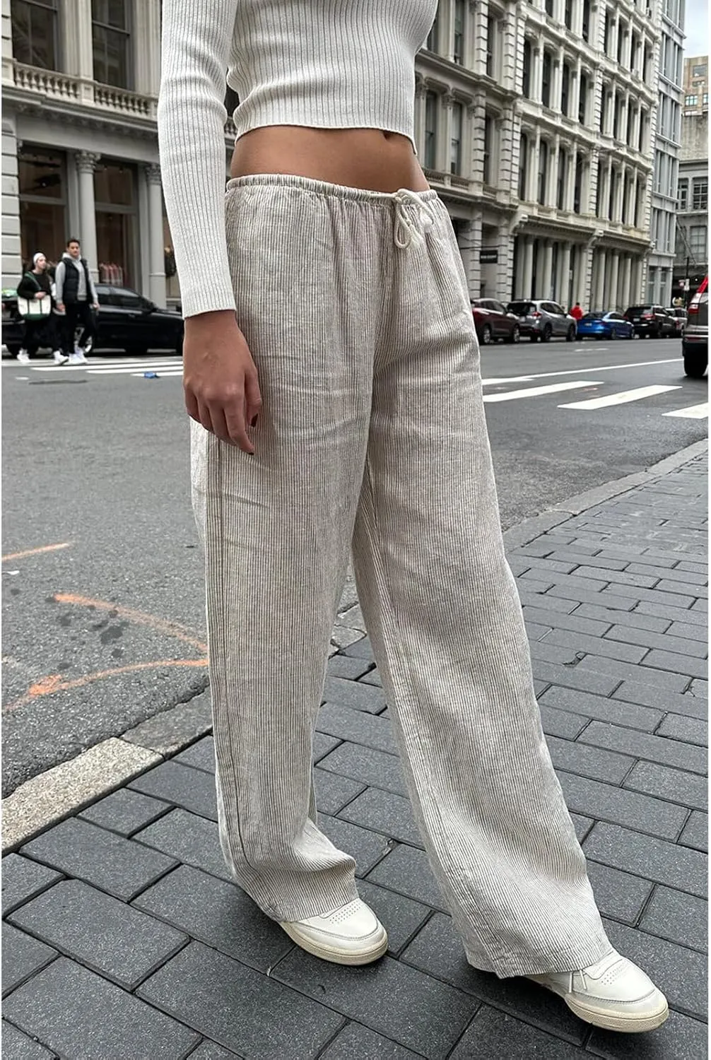 HOXIJIA Women Casual Striped Print Long Pants Elastic High Waist Loose Fit Straight Wide Leg Trousers Y2K Streetwear
