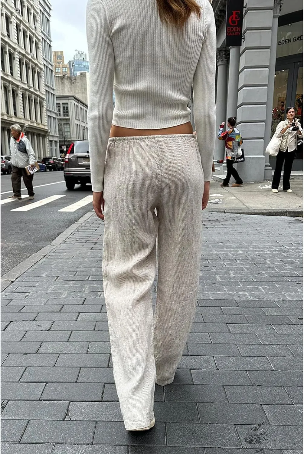 HOXIJIA Women Casual Striped Print Long Pants Elastic High Waist Loose Fit Straight Wide Leg Trousers Y2K Streetwear