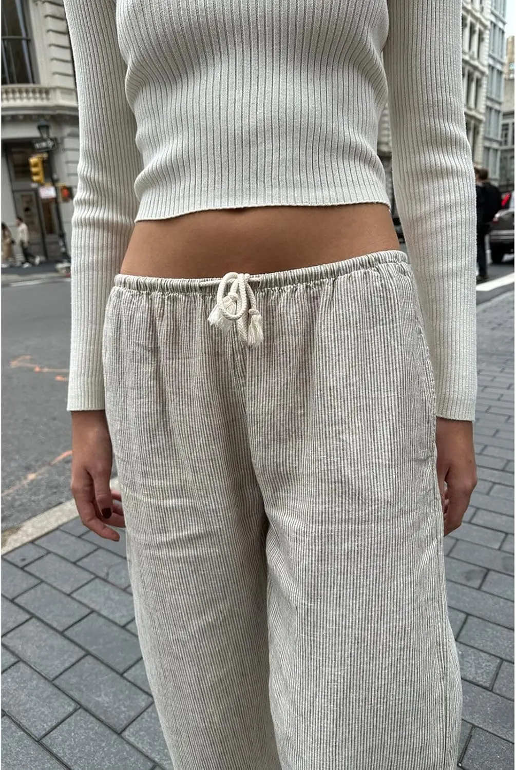 HOXIJIA Women Casual Striped Print Long Pants Elastic High Waist Loose Fit Straight Wide Leg Trousers Y2K Streetwear
