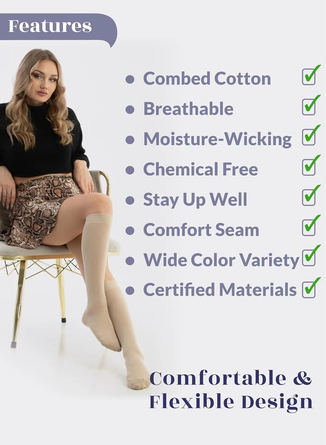 Hugh Ugoli Women Cotton Knee High Socks, Comfort Seam, Long Dress Socks, Soft, Lightweight, Size 5-8 & 8-11, 3 & 4 Pairs