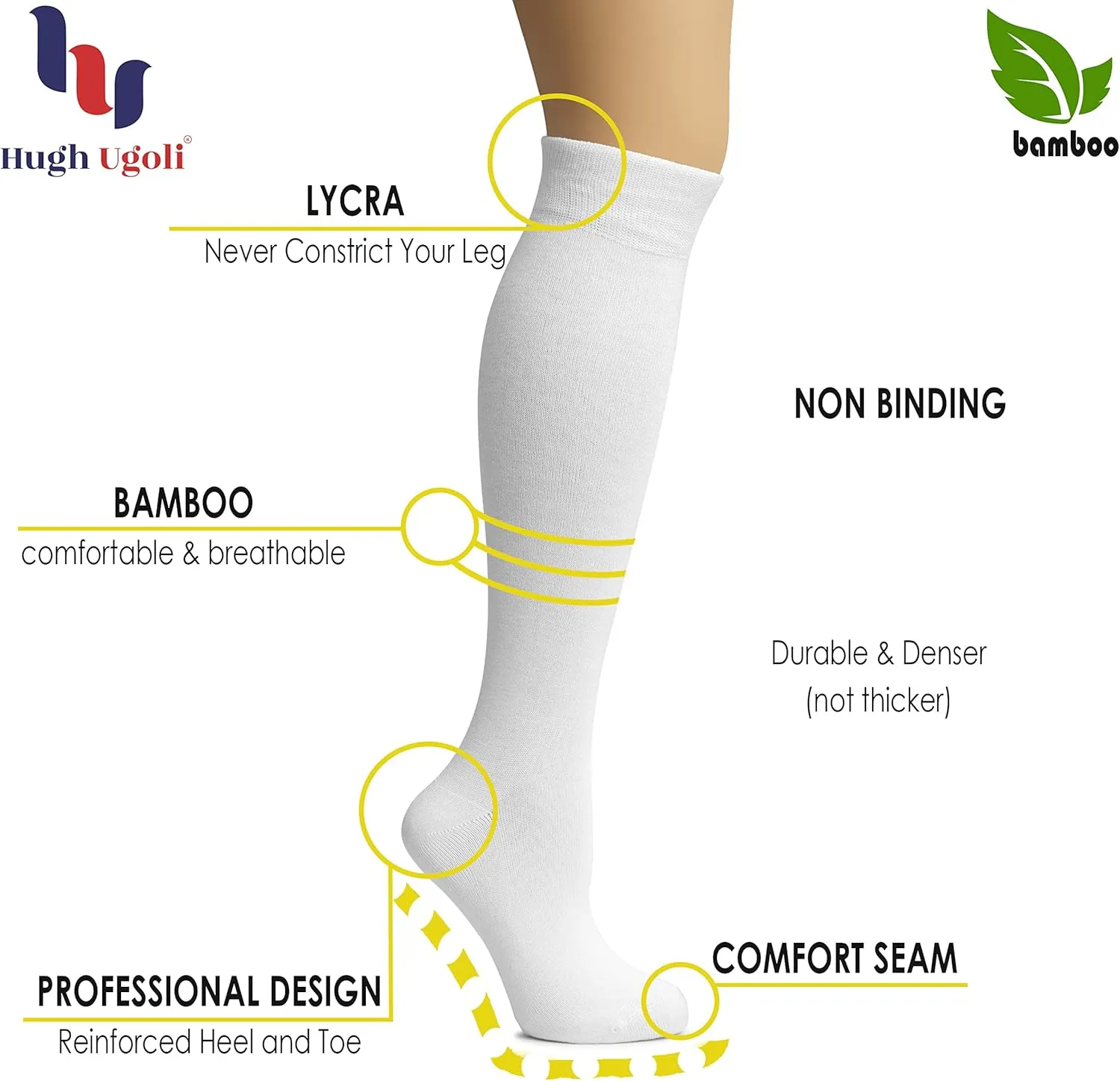 Hugh Ugoli Women's Bamboo Knee High Socks | Comfort Seam Long Dress Socks, Soft & Lightweight | Shoe Size 5-8/8-11, 4 Pairs
