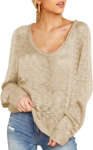 HUUSA Oversized Sweaters for Women Crewneck Tops Knitted Baggy Pullover Sexy See Through Beach Coverups Relaxed Fit