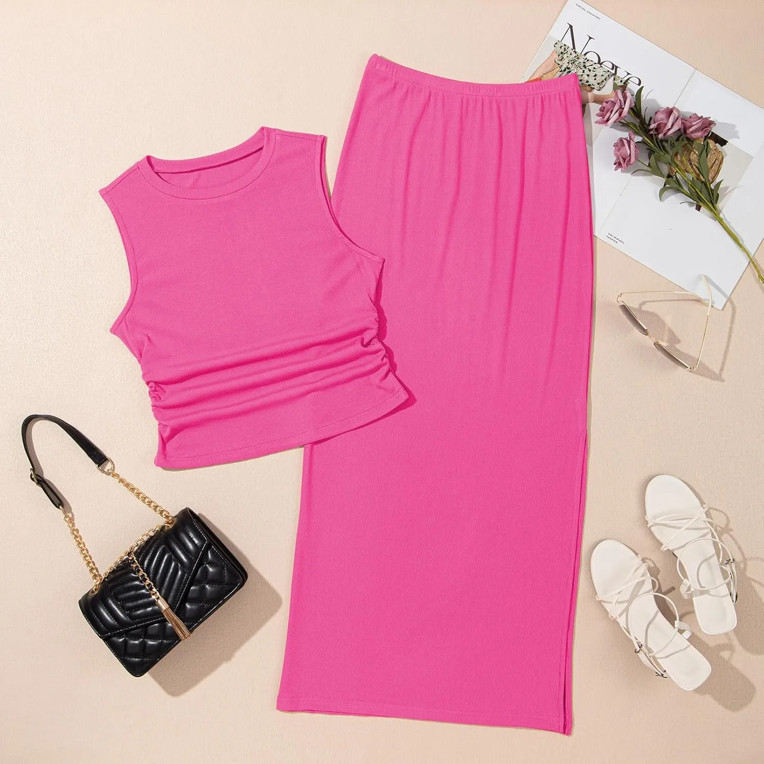 HUUSA Womens Two Piece Outfits Summer Bodycon Sleeveless Crewneck Crop Tank Tops Ribbed Split Long Skirt Dress Set