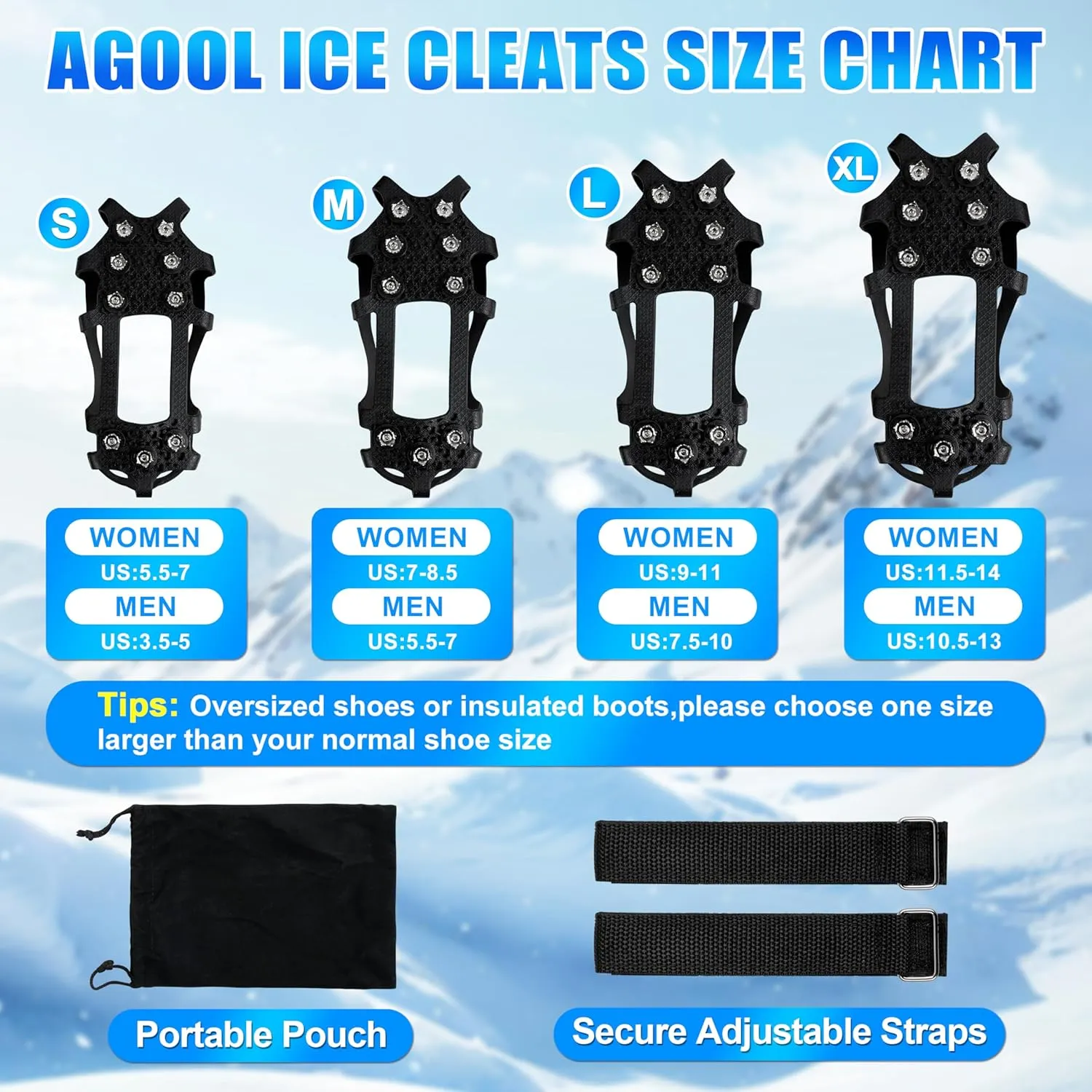 Ice Cleats for Shoes and Boots Snow Traction Cleats Crampons for Walking on Snow and Ice 9 Studs Non-Slip Overshoe Rubber Anti Slip Crampons Slip-on Stretch Footwear Winter Hiking Climbing Ice Fishing