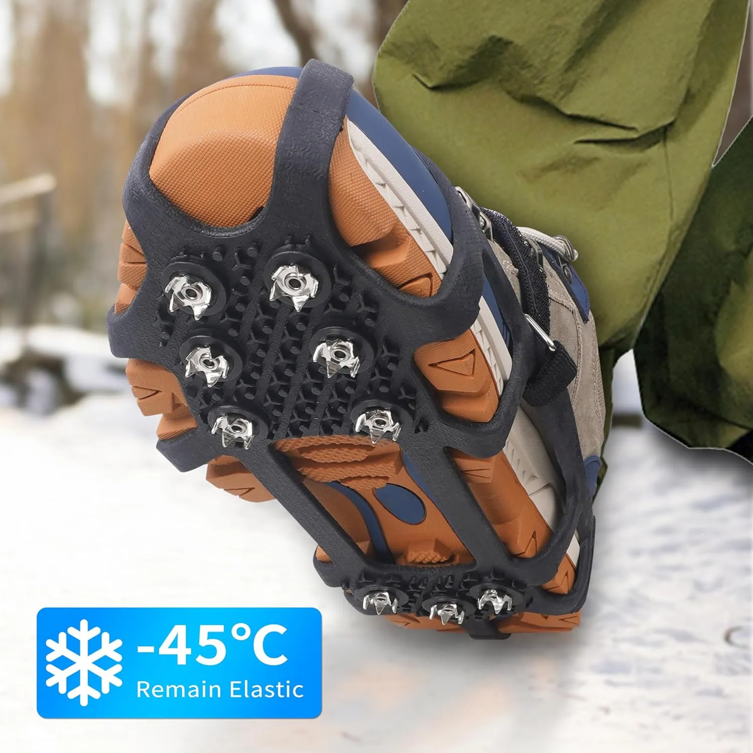 Ice Cleats for Shoes and Boots Snow Traction Cleats Crampons for Walking on Snow and Ice 9 Studs Non-Slip Overshoe Rubber Anti Slip Crampons Slip-on Stretch Footwear Winter Hiking Climbing Ice Fishing