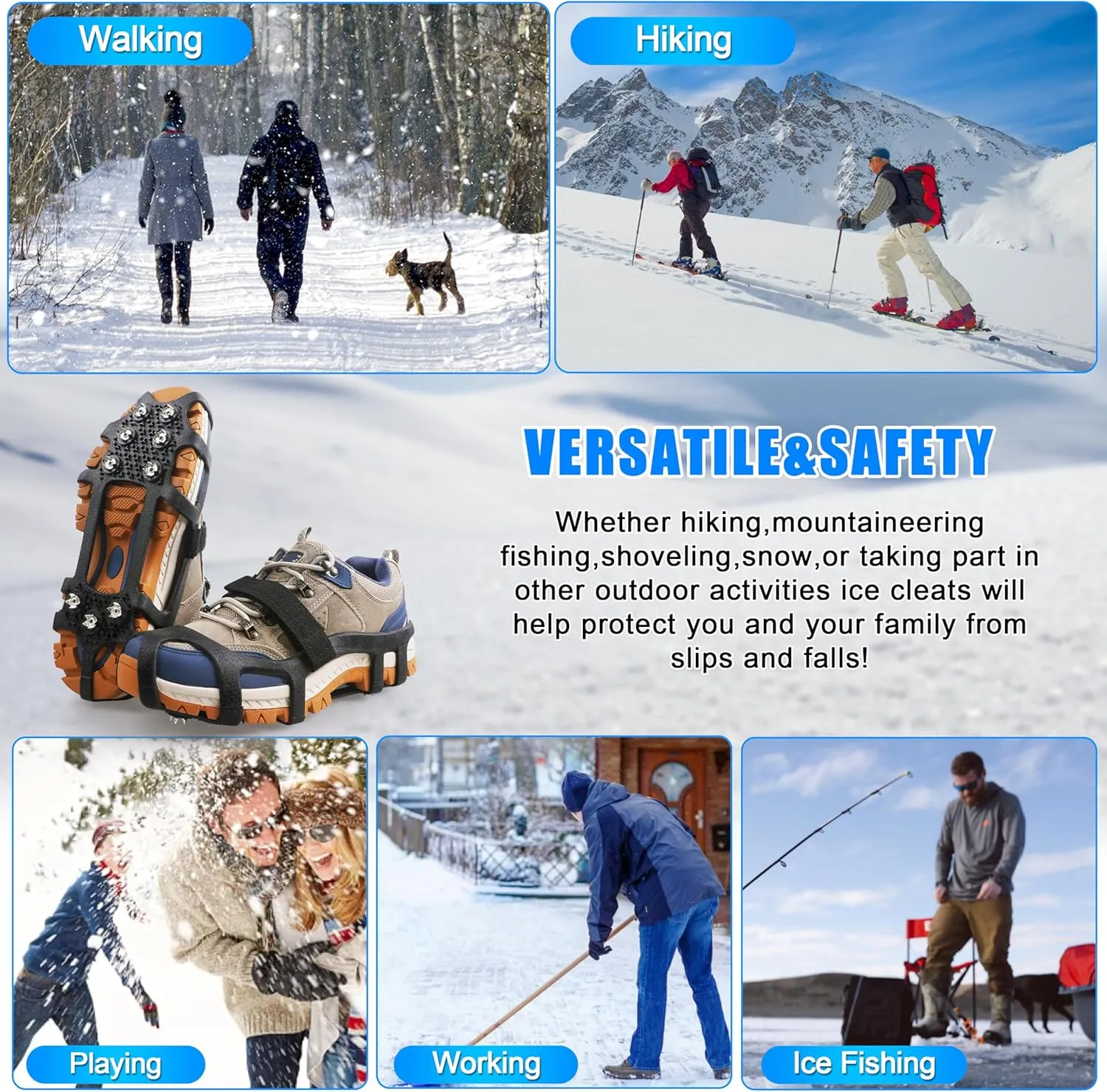 Ice Cleats for Shoes and Boots Snow Traction Cleats Crampons for Walking on Snow and Ice 9 Studs Non-Slip Overshoe Rubber Anti Slip Crampons Slip-on Stretch Footwear Winter Hiking Climbing Ice Fishing