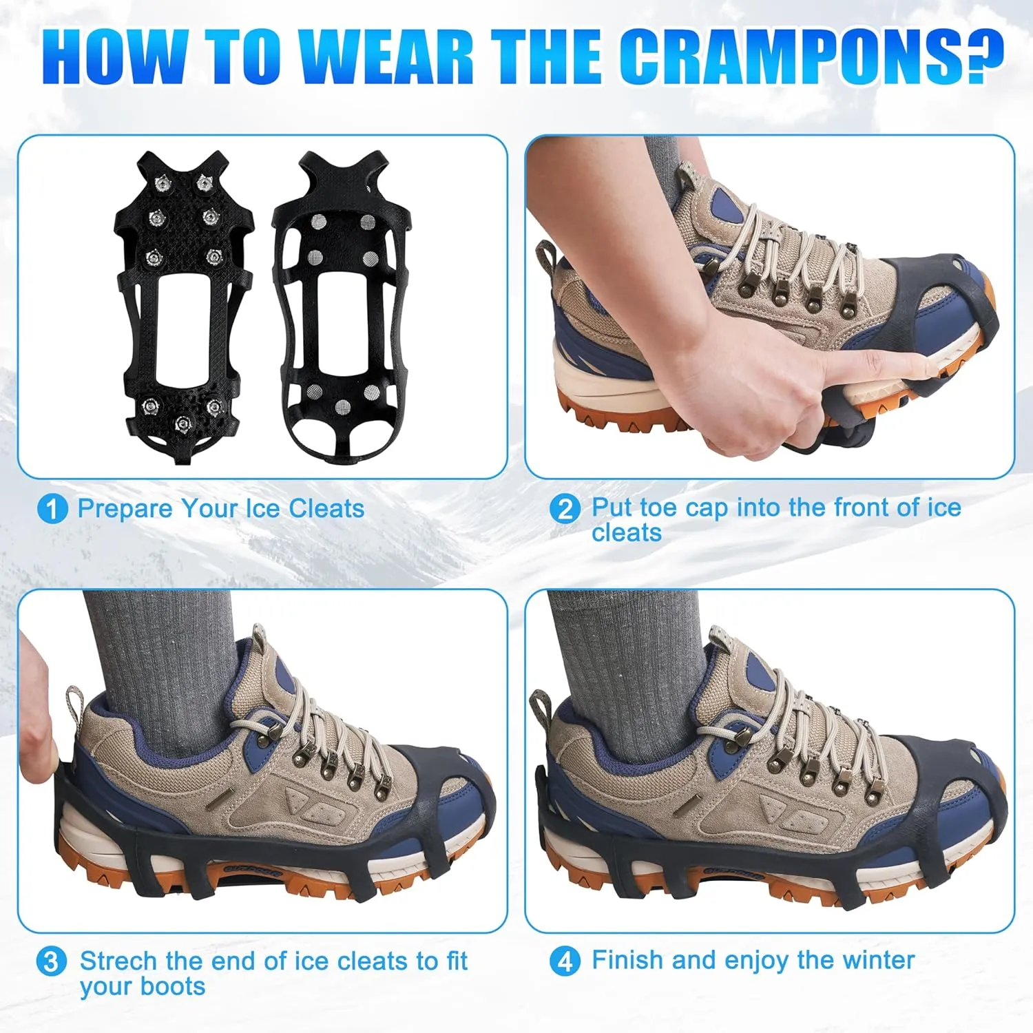 Ice Cleats for Shoes and Boots Snow Traction Cleats Crampons for Walking on Snow and Ice 9 Studs Non-Slip Overshoe Rubber Anti Slip Crampons Slip-on Stretch Footwear Winter Hiking Climbing Ice Fishing