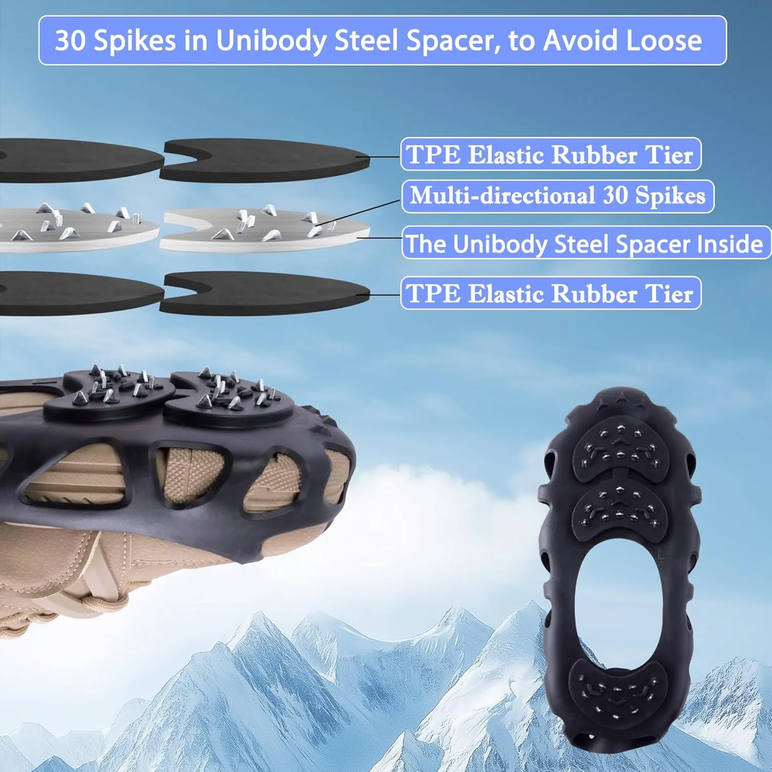 Ice Cleats for Shoes and Boots with 30 Spikes Anti Slip Snow Crampons