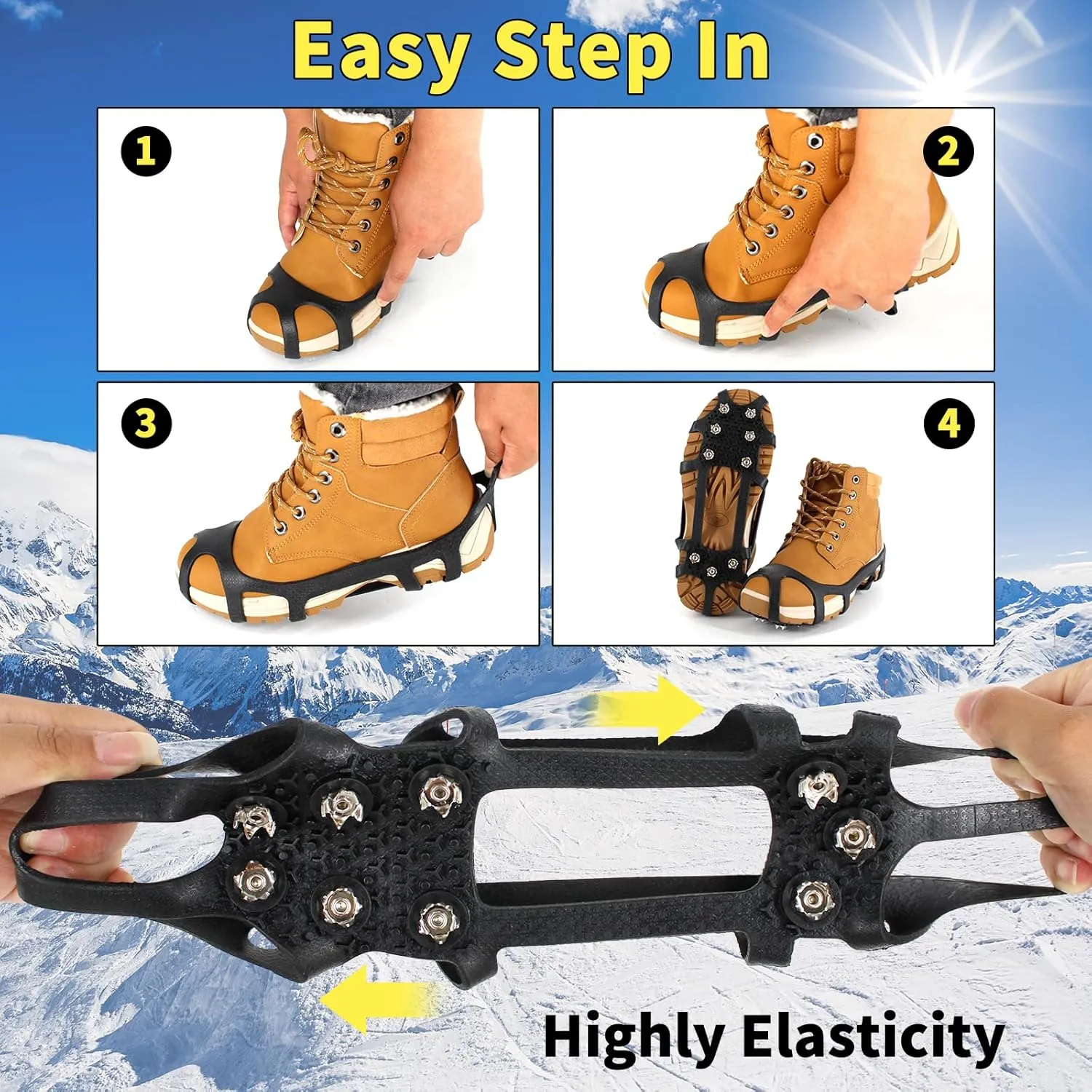 Ice Cleats Snow Grips, Non-Slip Traction with 9 Spikes Crampons, Upgraded Version Stainless Steel, for Shoes/Boots, Snow Ice Walking
