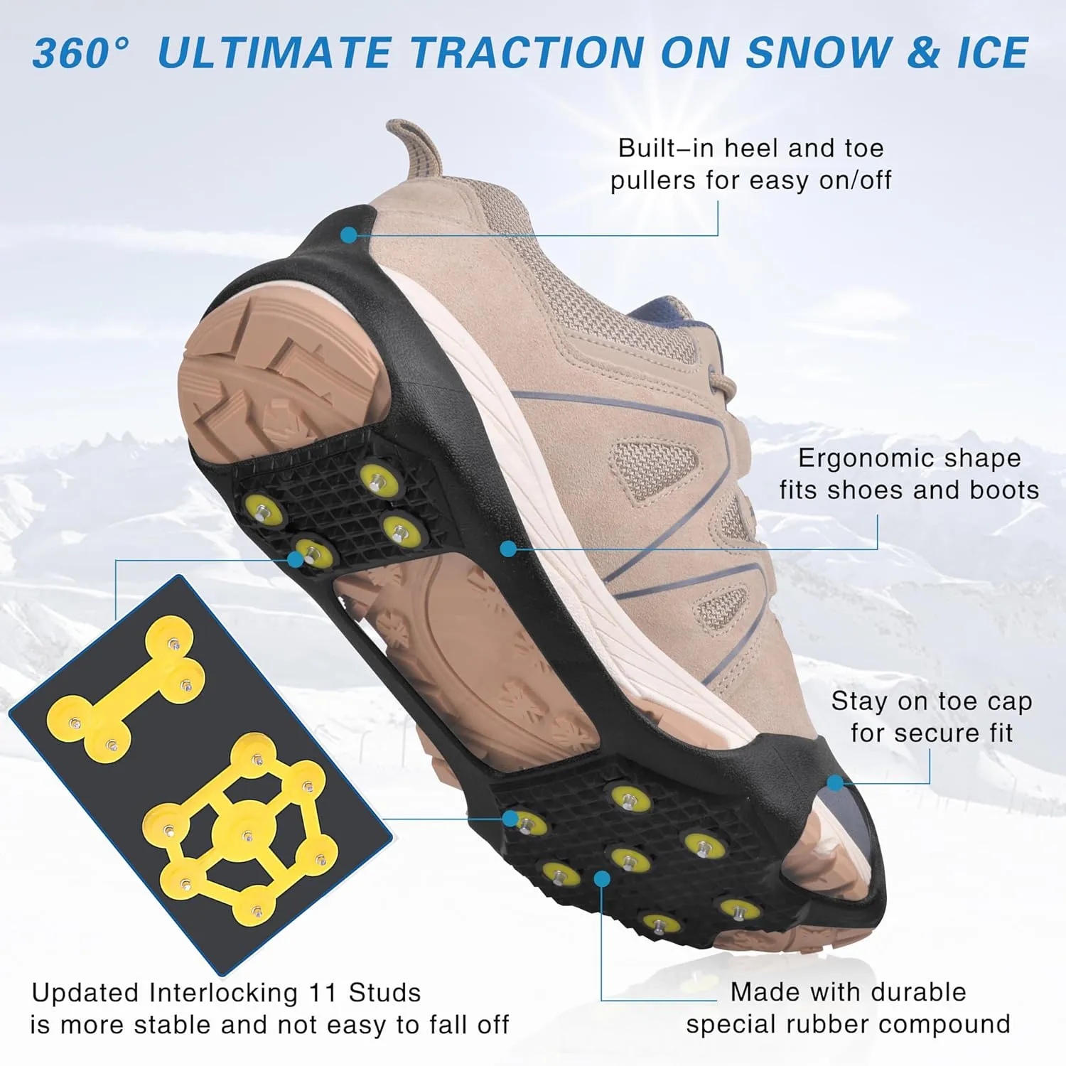 Ice Cleats Snow Traction Cleats Crampons for Shoes and Boots Anti Slip 11 Studs Grippers for Walking on Snow and Ice Footwear Rubber Walking Cleats Men Women