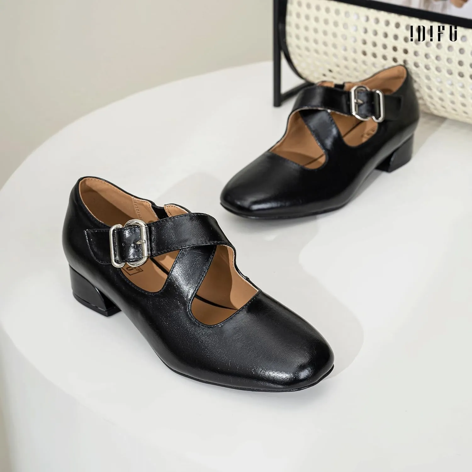 IDIFU Mary Jane Flats for Women Ballet Flats Square Toe Buckle Low Heel Dress Shoes Dressy Casual Comfortable Cute Formal Flat Shoes Bridal Office Criss Cross Strap Dress Flats Shoes