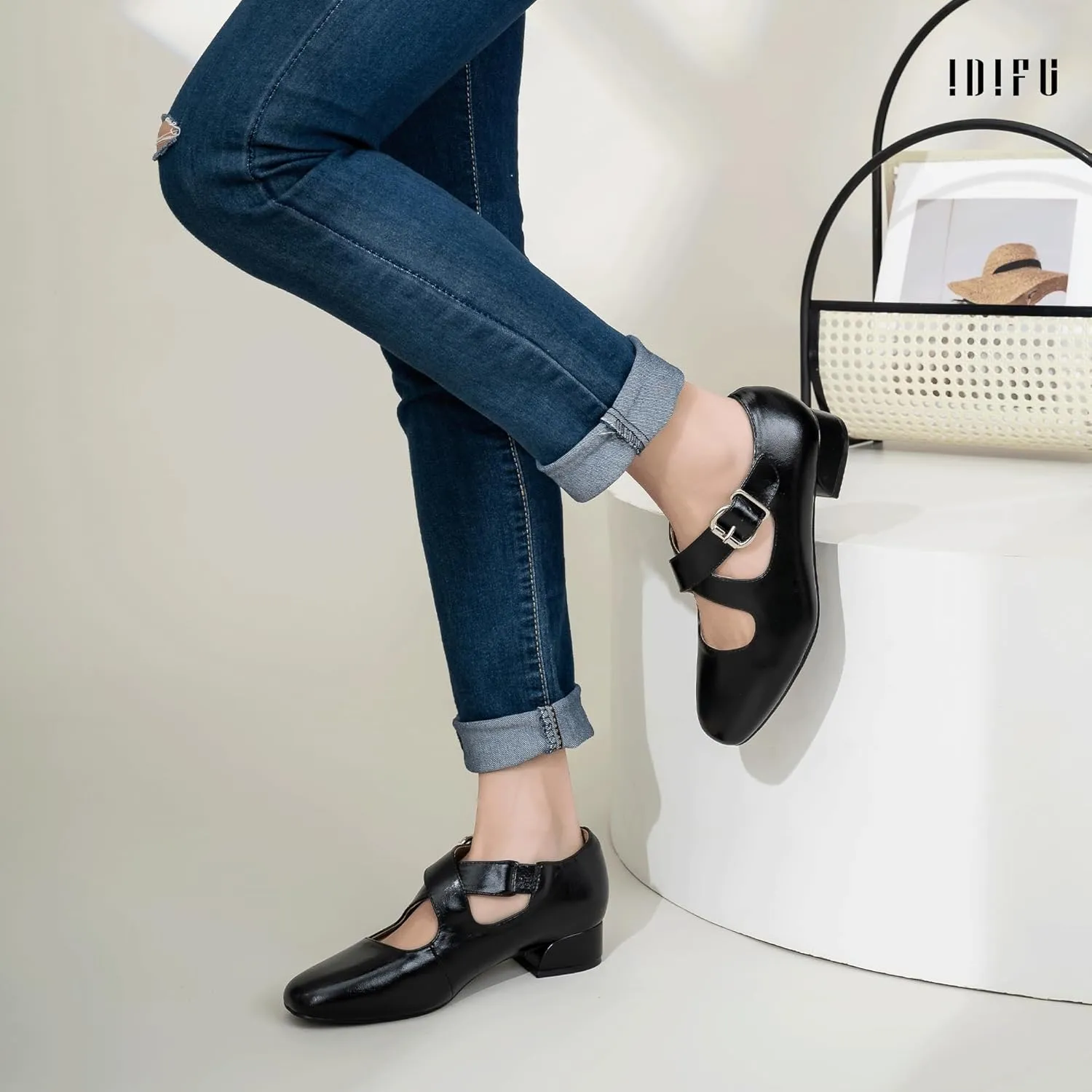 IDIFU Mary Jane Flats for Women Ballet Flats Square Toe Buckle Low Heel Dress Shoes Dressy Casual Comfortable Cute Formal Flat Shoes Bridal Office Criss Cross Strap Dress Flats Shoes