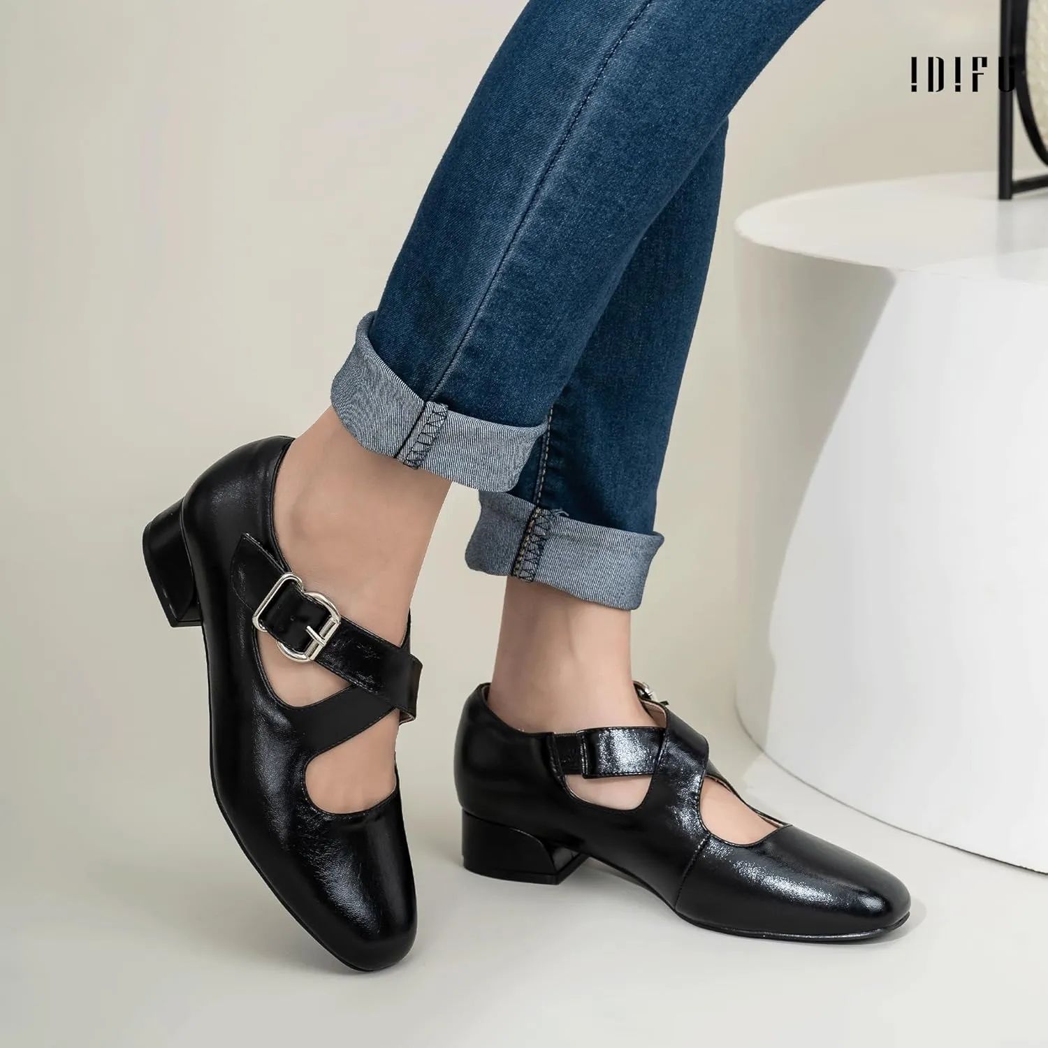 IDIFU Mary Jane Flats for Women Ballet Flats Square Toe Buckle Low Heel Dress Shoes Dressy Casual Comfortable Cute Formal Flat Shoes Bridal Office Criss Cross Strap Dress Flats Shoes
