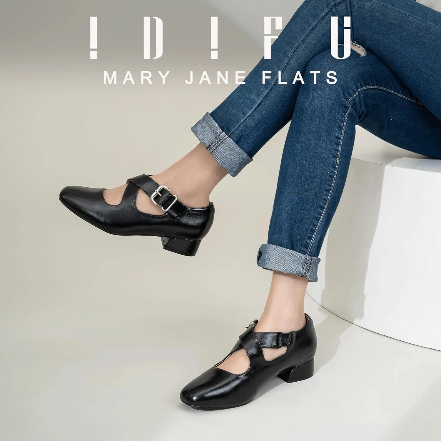 IDIFU Mary Jane Flats for Women Ballet Flats Square Toe Buckle Low Heel Dress Shoes Dressy Casual Comfortable Cute Formal Flat Shoes Bridal Office Criss Cross Strap Dress Flats Shoes