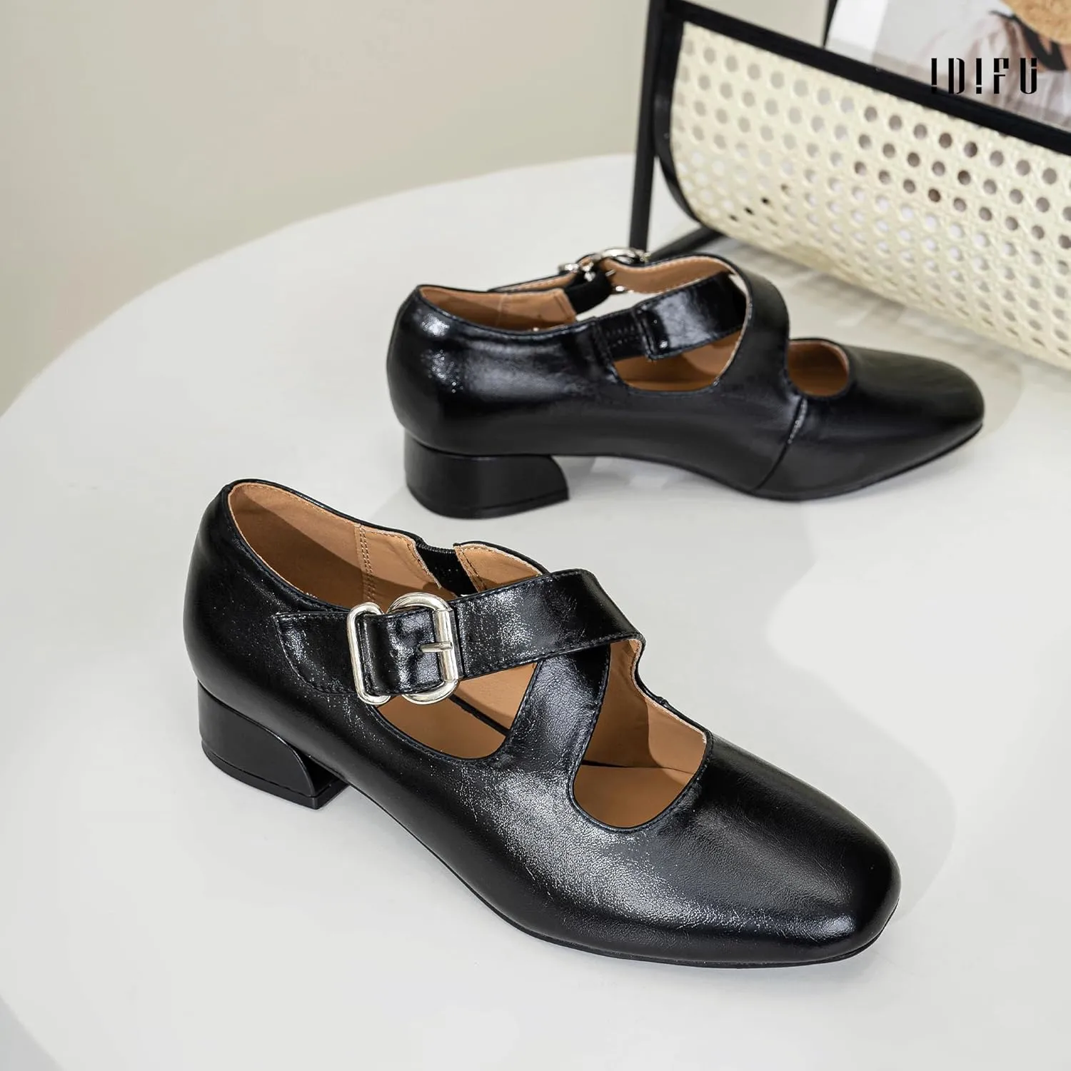 IDIFU Mary Jane Flats for Women Ballet Flats Square Toe Buckle Low Heel Dress Shoes Dressy Casual Comfortable Cute Formal Flat Shoes Bridal Office Criss Cross Strap Dress Flats Shoes