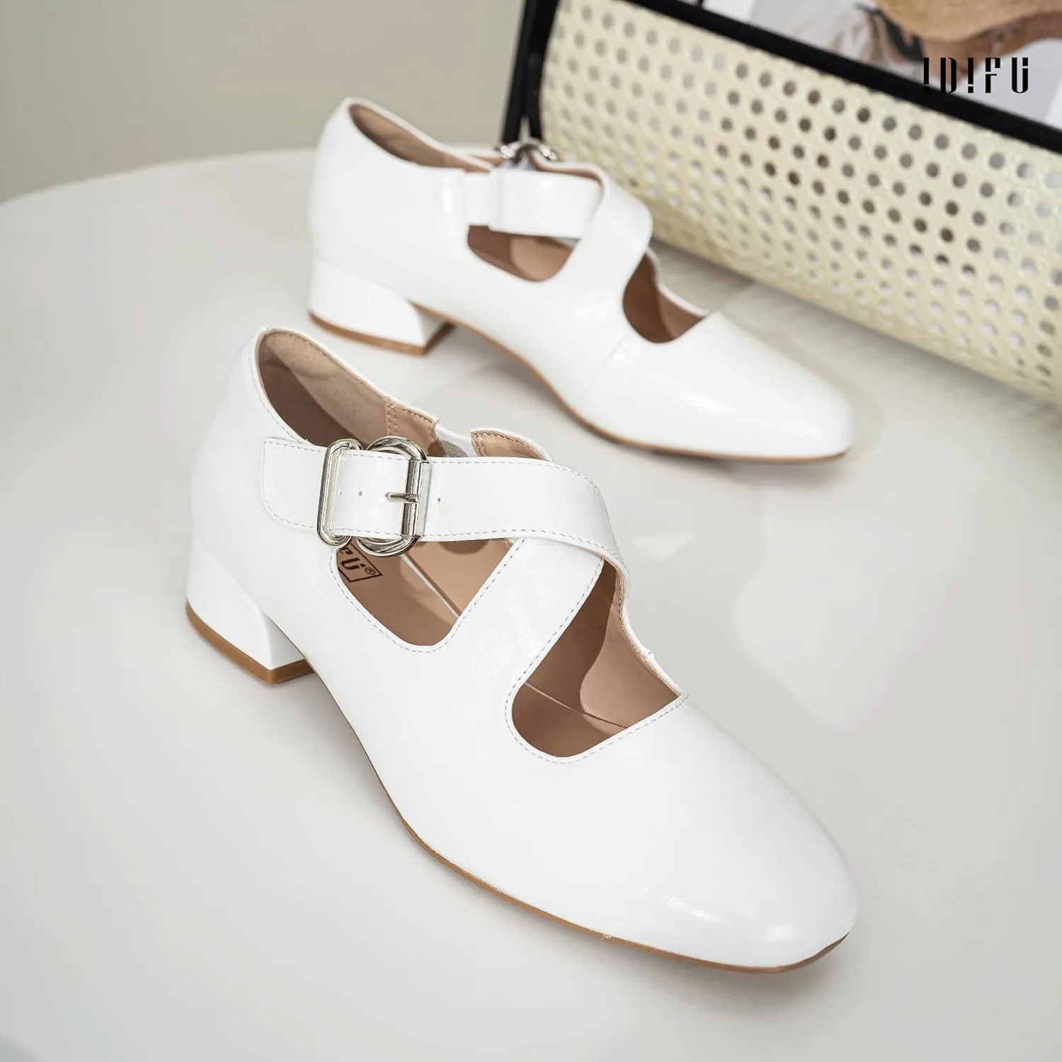 IDIFU Mary Jane Flats for Women Ballet Flats Square Toe Buckle Low Heel Dress Shoes Dressy Casual Comfortable Cute Formal Flat Shoes Bridal Office Criss Cross Strap Dress Flats Shoes