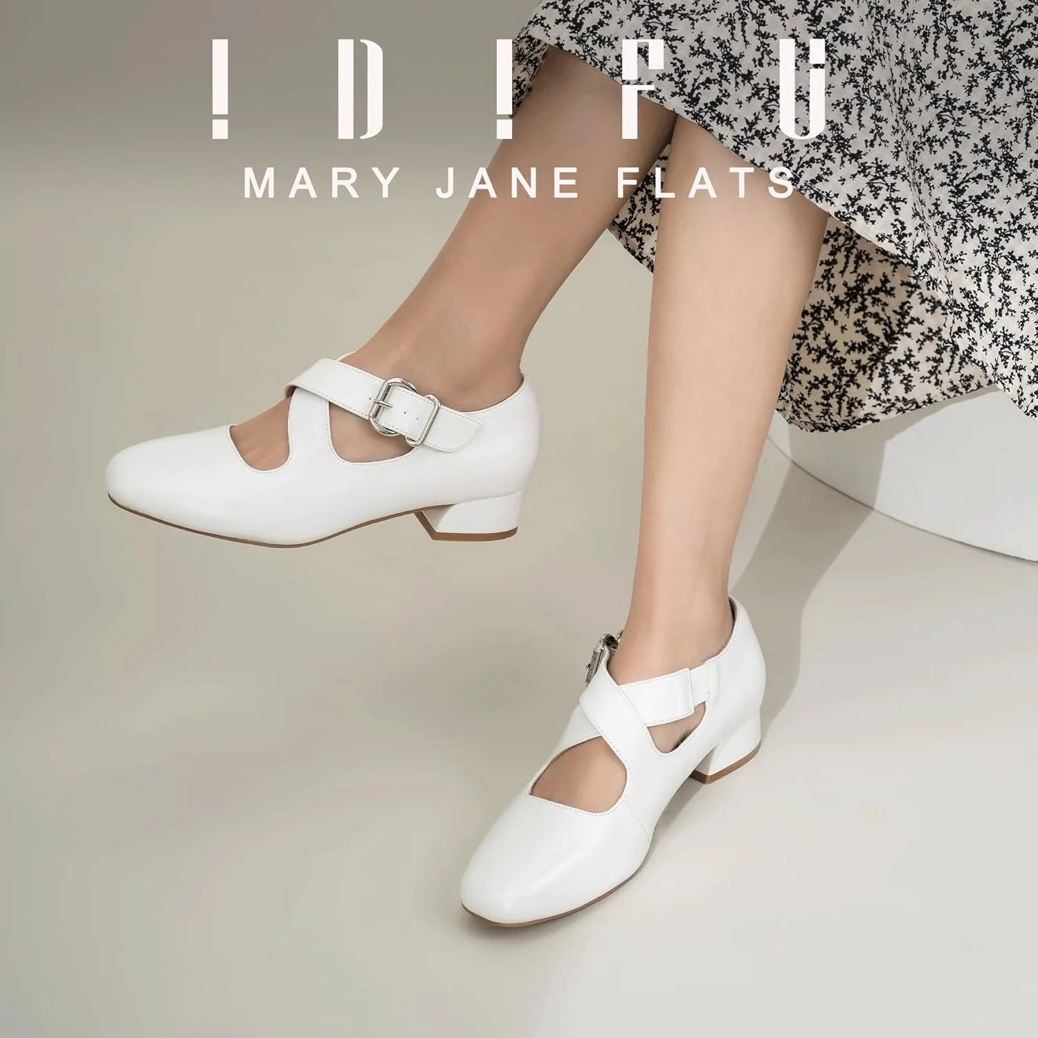 IDIFU Mary Jane Flats for Women Ballet Flats Square Toe Buckle Low Heel Dress Shoes Dressy Casual Comfortable Cute Formal Flat Shoes Bridal Office Criss Cross Strap Dress Flats Shoes