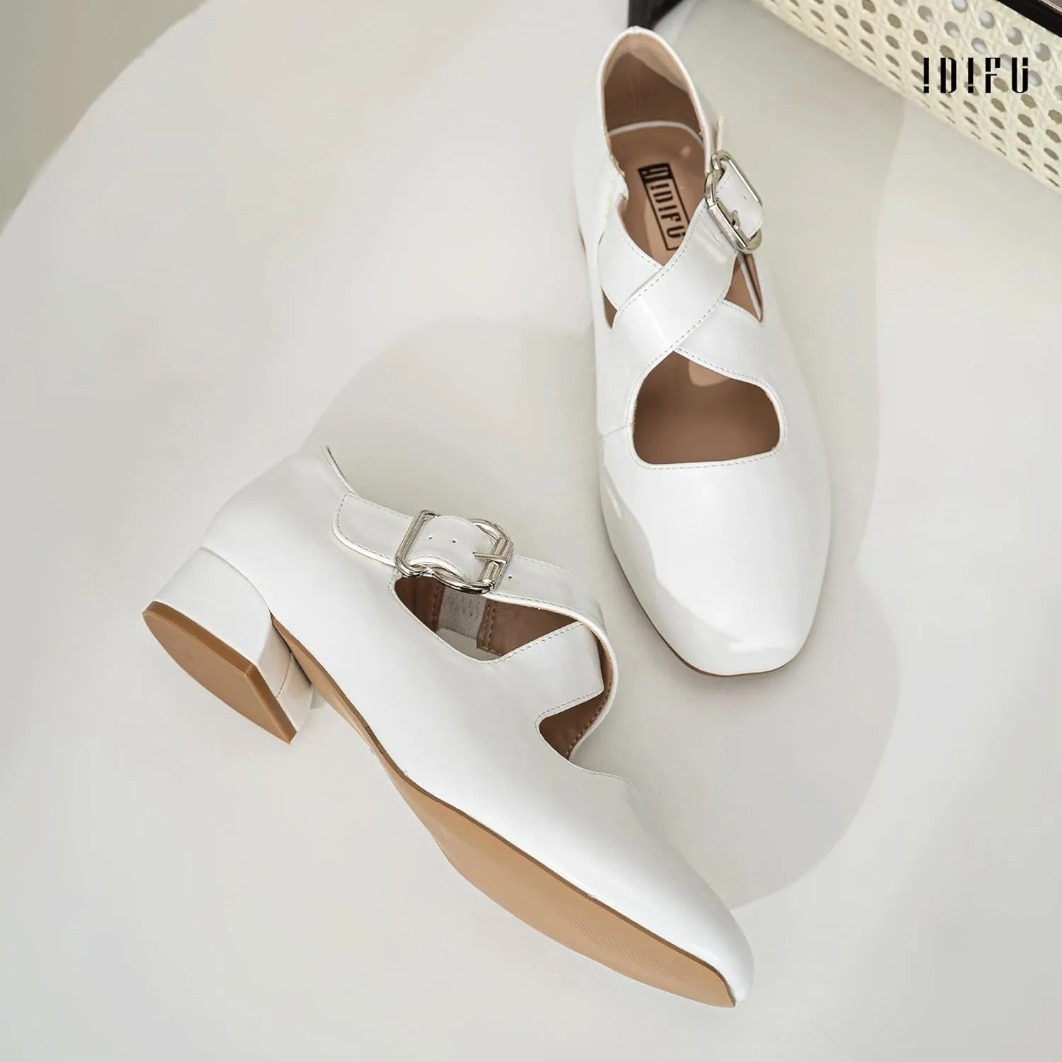 IDIFU Mary Jane Flats for Women Ballet Flats Square Toe Buckle Low Heel Dress Shoes Dressy Casual Comfortable Cute Formal Flat Shoes Bridal Office Criss Cross Strap Dress Flats Shoes