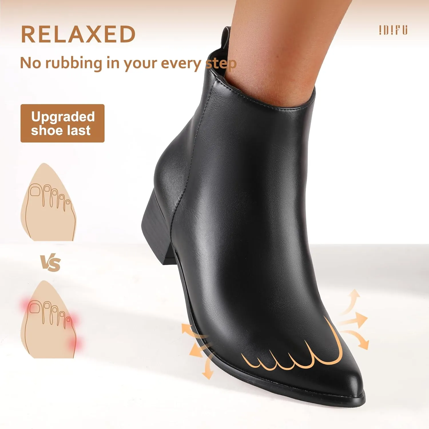 IDIFU Women's Romy Classic Pointed Toe Ankle Boots Side Zipper Low Block Heel Dress Booties