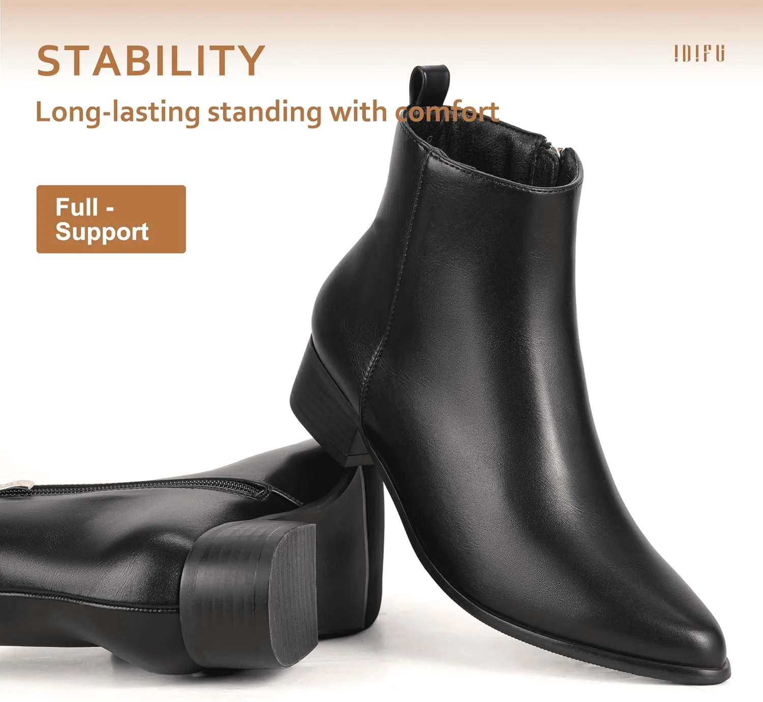 IDIFU Women's Romy Classic Pointed Toe Ankle Boots Side Zipper Low Block Heel Dress Booties