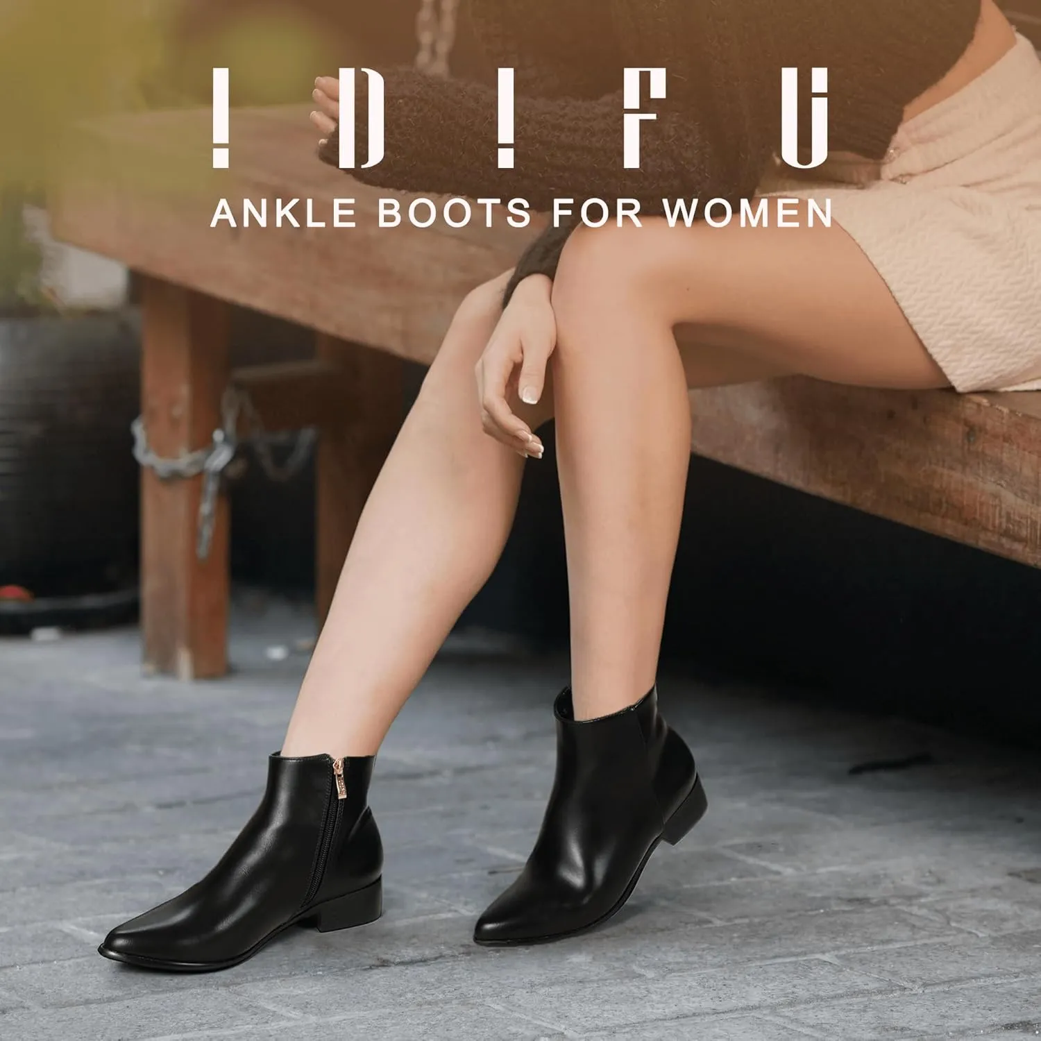 IDIFU Women's Romy Classic Pointed Toe Ankle Boots Side Zipper Low Block Heel Dress Booties