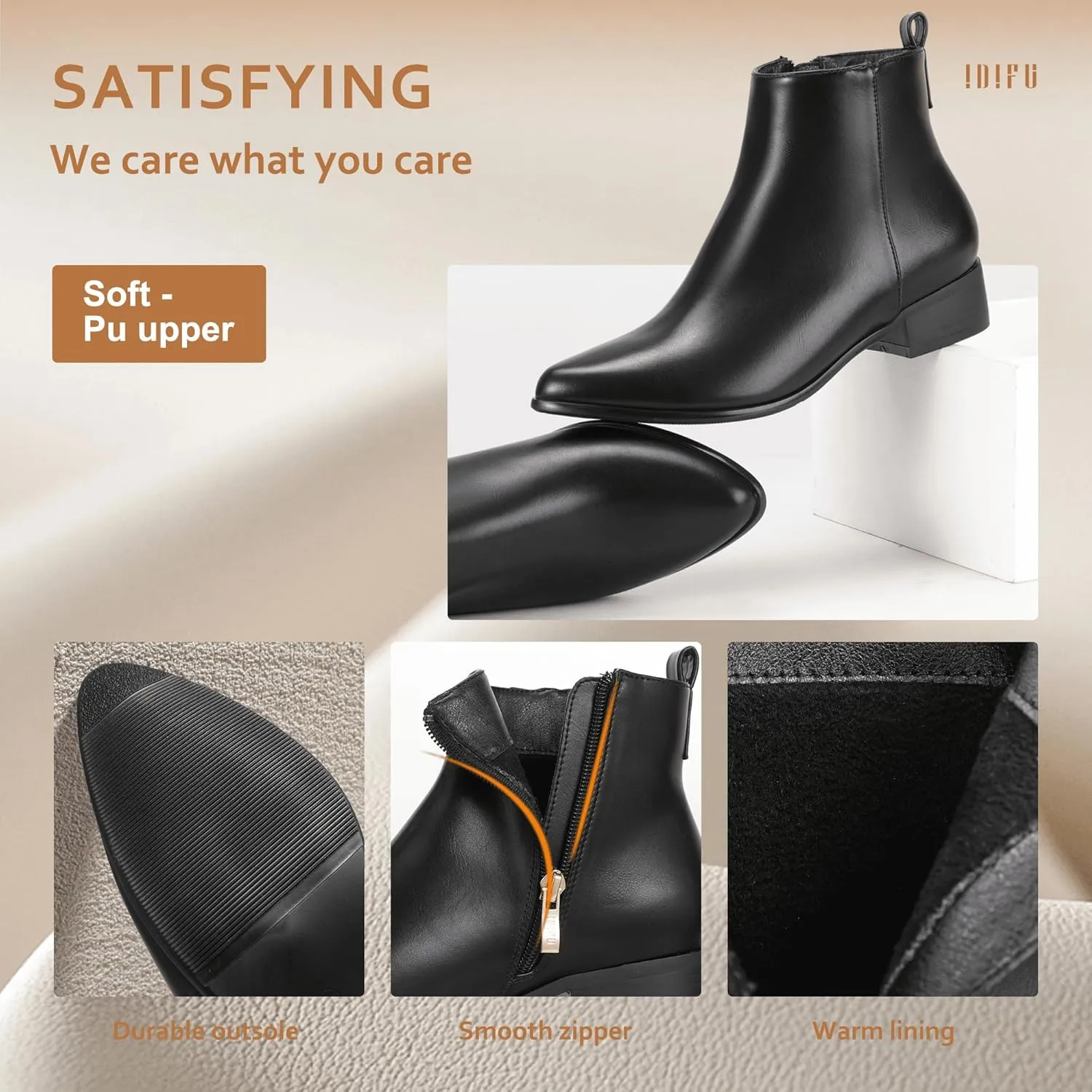 IDIFU Women's Romy Classic Pointed Toe Ankle Boots Side Zipper Low Block Heel Dress Booties