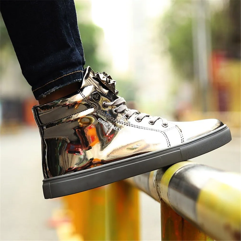 IGxx Men's Sneakers Punk Ankle Boots for Men Metal Rivet High Top Lace-up Running Basketball Shoes for Shiny Metal Decoration Shoes Motorcycle Boots