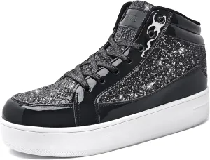 IGxx Womens Platform Glitter Shoes Black High Top Sparkly Sneakers Shiny Fashion Bling Dressy Sequin Metallic Sneakers Disco Wedding Shoes
