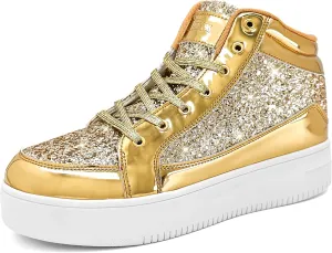 IGxx Womens Platform Glitter Shoes Black High Top Sparkly Sneakers Shiny Fashion Bling Dressy Sequin Metallic Sneakers Disco Wedding Shoes